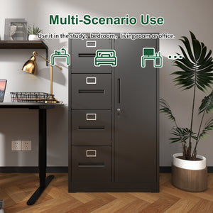 English Elm Metal Storage Vertical Filing Cabinet with 4 Drawers and Side Wardrobe, Steel Ball-Bearing Suspension, Secure Locking Organizer for Home Office and Bedroom Black T2398P272100
