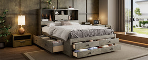 English Elm Queen Platform Bed with Built-In Headboard Storage and 8 Drawers, Solid Wood MDF, Sturdy Design Gray GX000453AAE