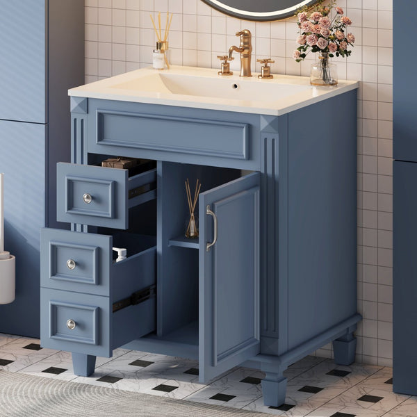 English Elm 24" French Inspired Bathroom Vanity with Ceramic Basin Soft Close Cabinet and 2 Drawers Blue N710P318990C