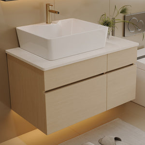 English Elm 31.5 Inch Wall Mounted Bathroom Vanity with Ceramic Vessel Sink and Soft Close Storage W3136S00079