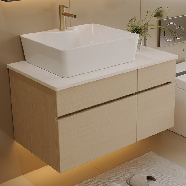 English Elm 31.5 Inch Wall Mounted Bathroom Vanity with Ceramic Vessel Sink and Soft Close Storage W3136S00079