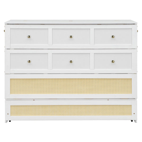 English Elm Full Size Murphy Wall Bed Cabinet with Rattan Panel Detailing and Storage Drawers White N708P336203K