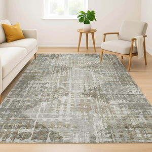 HomeRoots 8' Modern Pewter and Gray Geometric Washable Round Rug with UV Protection for Busy Homes 715012