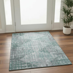 HomeRoots 5' X 8' Teal and Gray Washable Area Rug with UV Protection – Modern Geometric Design for Active Homes 715017