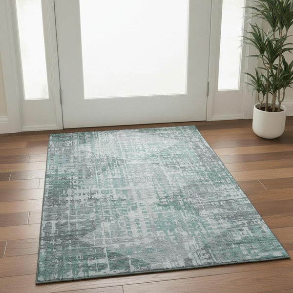 HomeRoots 5' X 8' Teal and Gray Washable Area Rug with UV Protection – Modern Geometric Design for Active Homes 715017