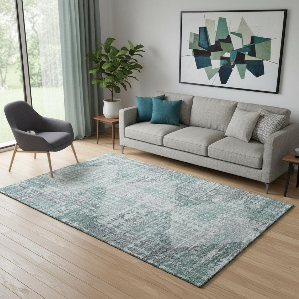 HomeRoots 8' Teal and Gray Geometric Washable Round Rug - Durable, UV-Protected, Modern Design for Any Room 715018