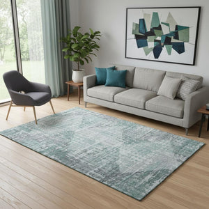 HomeRoots 8' Teal and Gray Geometric Washable Round Rug - Durable, UV-Protected, Modern Design for Any Room 715018