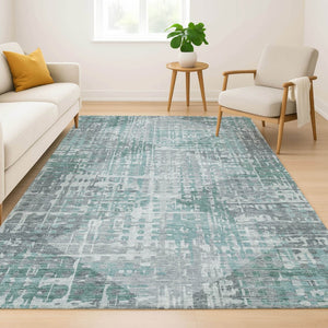 HomeRoots 9' X 12' Teal and Gray Geometric Area Rug - Washable, UV-Protected, Modern Decor for Homes & Patios 715020