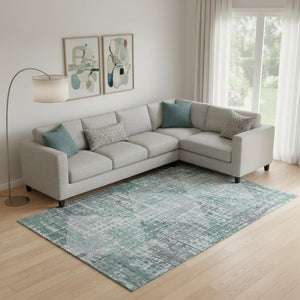 HomeRoots 10' X 14' Teal and Gray Geometric Area Rug - Washable, UV-Protected, Stain-Resistant for Modern Homes 715021