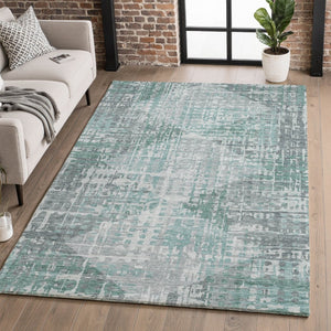 HomeRoots 10' X 14' Teal and Gray Geometric Area Rug - Washable, UV-Protected, Stain-Resistant for Modern Homes 715021