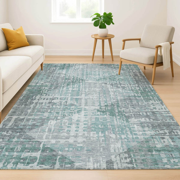 HomeRoots 10' X 14' Teal and Gray Geometric Area Rug - Washable, UV-Protected, Stain-Resistant for Modern Homes 715021