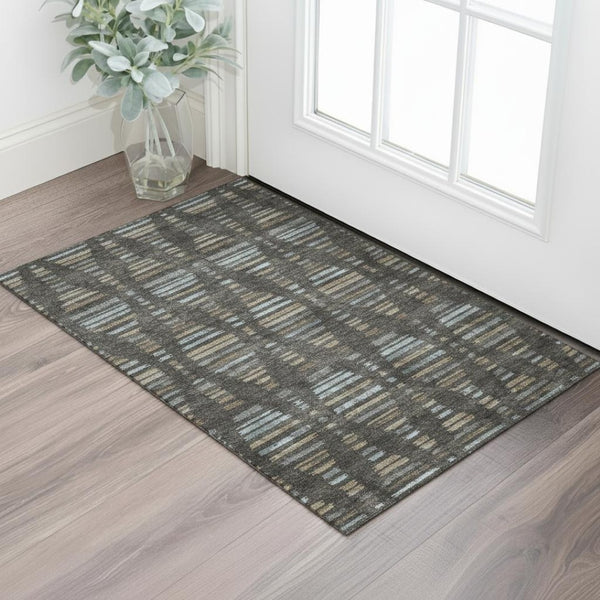 HomeRoots 5' X 8' Striped Coffee and Gray Washable Area Rug with UV Protection for Modern Living Spaces 715023