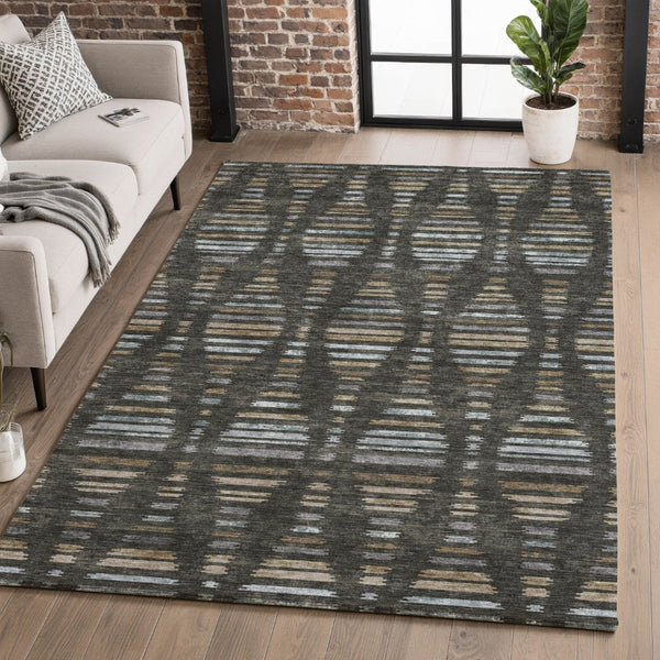 HomeRoots 8' Coffee and Gray Striped Washable Round Rug with UV Protection – Durable, Stylish & Easy-Care Design! 715024