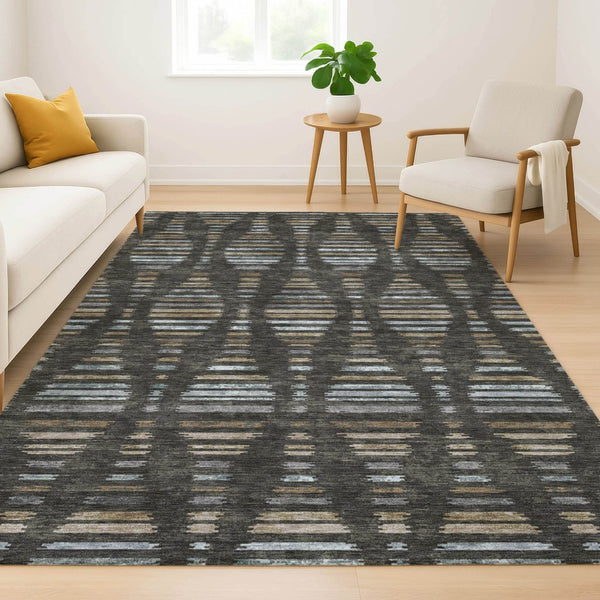HomeRoots 8' Coffee and Gray Striped Washable Round Rug with UV Protection – Durable, Stylish & Easy-Care Design! 715024