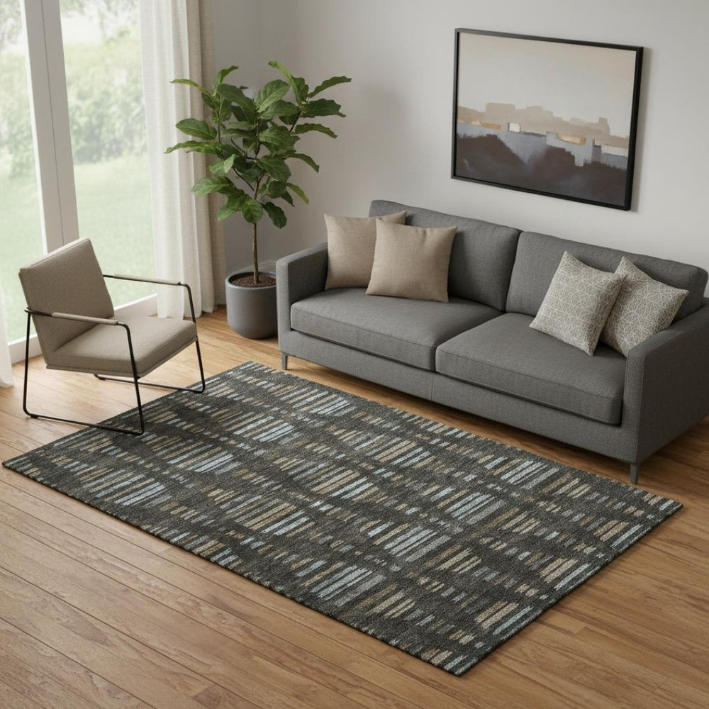 HomeRoots 8' Coffee and Gray Striped Washable Round Rug with UV Protection – Durable, Stylish & Easy-Care Design! 715024