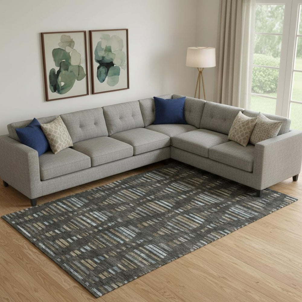 HomeRoots 9' X 12' Stylish Coffee and Gray Striped Washable Area Rug with UV Protection for Busy Homes 715026