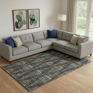 HomeRoots 9' X 12' Stylish Coffee and Gray Striped Washable Area Rug with UV Protection for Busy Homes 715026