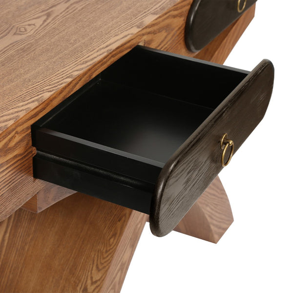 English Elm Ashwood Veneered Console Table with X Frame Legs and Two Drawers for Entryway Halls W3040P455736