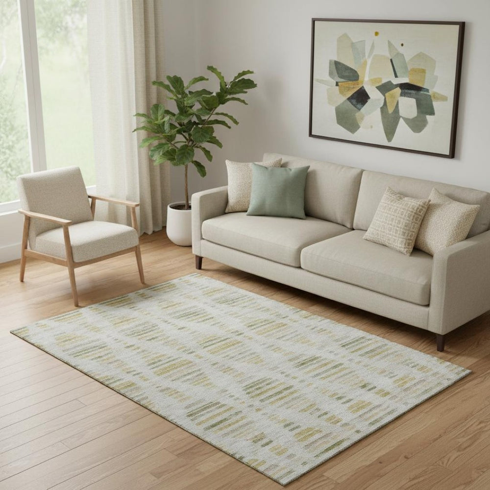 HomeRoots 8' Washable Ivory and Gold Striped Round Rug – UV Protected, Durable, Perfect for Busy Homes! 715030