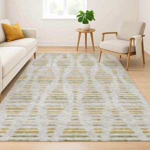 HomeRoots 10' X 14' Ivory and Gold Striped Area Rug - Durable, Washable, UV Protected for Stylish Living Spaces! 715033