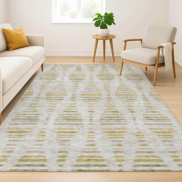 HomeRoots 10' X 14' Ivory and Gold Striped Area Rug - Durable, Washable, UV Protected for Stylish Living Spaces! 715033