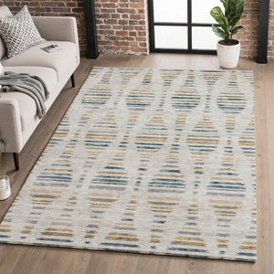 HomeRoots 5' X 8' Coastal Linen and Blue Striped Washable Area Rug with UV Protection for High-Traffic Spaces 715035
