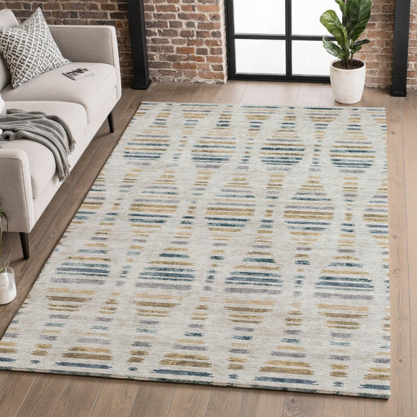 HomeRoots 5' X 8' Coastal Linen and Blue Striped Washable Area Rug with UV Protection for High-Traffic Spaces 715035