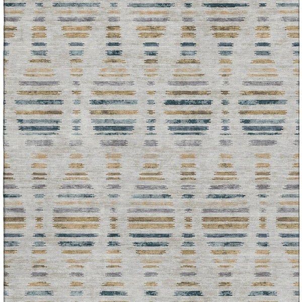 HomeRoots 5' X 8' Coastal Linen and Blue Striped Washable Area Rug with UV Protection for High-Traffic Spaces 715035