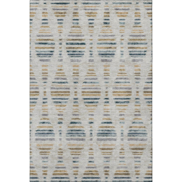 HomeRoots 5' X 8' Coastal Linen and Blue Striped Washable Area Rug with UV Protection for High-Traffic Spaces 715035