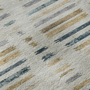 HomeRoots 5' X 8' Coastal Linen and Blue Striped Washable Area Rug with UV Protection for High-Traffic Spaces 715035