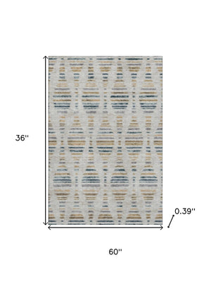 HomeRoots 5' X 8' Coastal Linen and Blue Striped Washable Area Rug with UV Protection for High-Traffic Spaces 715035
