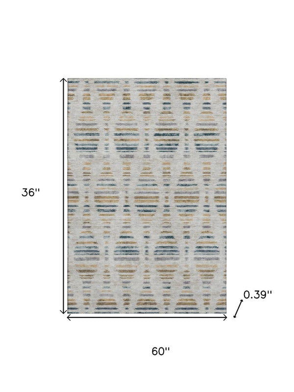 HomeRoots 5' X 8' Coastal Linen and Blue Striped Washable Area Rug with UV Protection for High-Traffic Spaces 715035