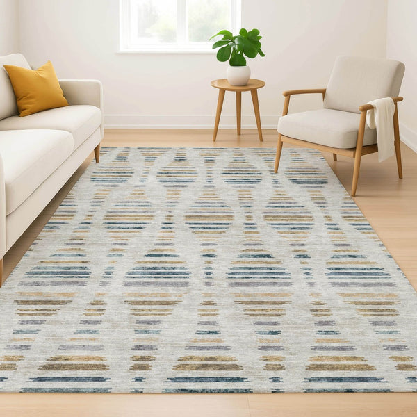 HomeRoots 5' X 8' Coastal Linen and Blue Striped Washable Area Rug with UV Protection for High-Traffic Spaces 715035