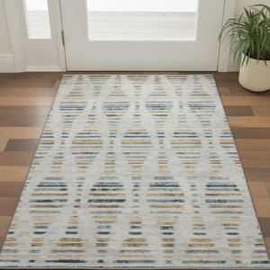 HomeRoots 5' X 8' Coastal Linen and Blue Striped Washable Area Rug with UV Protection for High-Traffic Spaces 715035