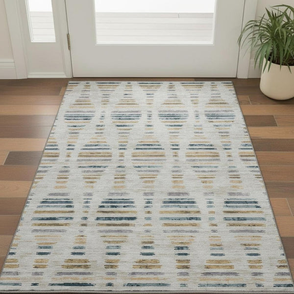 HomeRoots 5' X 8' Coastal Linen and Blue Striped Washable Area Rug with UV Protection for High-Traffic Spaces 715035