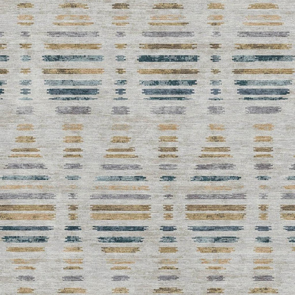 HomeRoots 8' Coastal-Inspired Linen & Blue Striped Washable Round Rug with Non-Slip Backing & UV Protection 715036