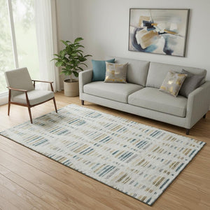 HomeRoots 8' Coastal-Inspired Linen & Blue Striped Washable Round Rug with Non-Slip Backing & UV Protection 715036