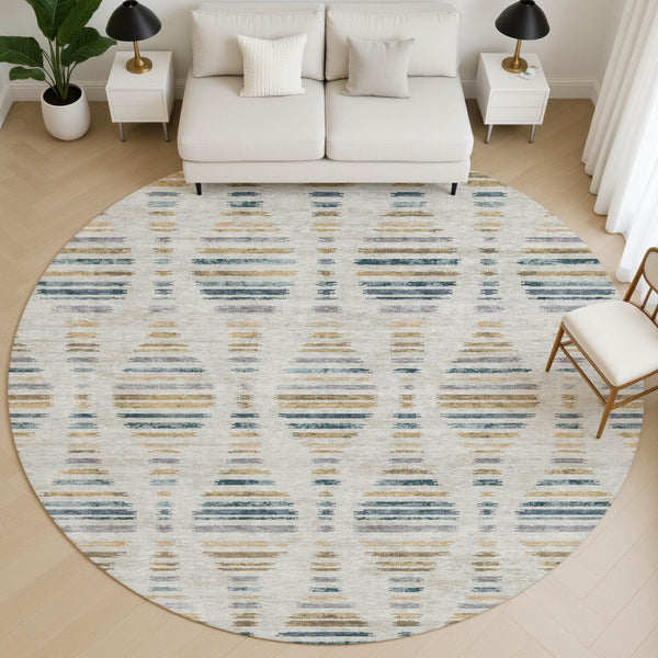 HomeRoots 8' X 10' Stylish Linen & Blue Striped Washable Area Rug with UV Protection for Indoor & Outdoor Use 715037