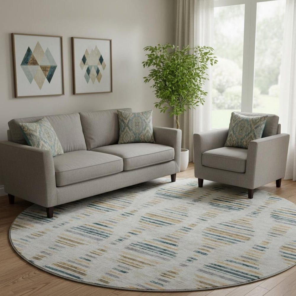 HomeRoots 8' X 10' Stylish Linen & Blue Striped Washable Area Rug with UV Protection for Indoor & Outdoor Use 715037