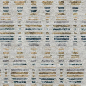 HomeRoots 9' X 12' Linen & Blue Striped Washable Area Rug - Durable, UV-Protected, Stain-Resistant Design! 715038