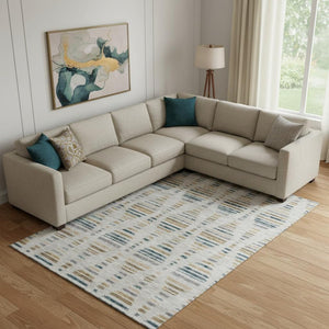 HomeRoots 9' X 12' Linen & Blue Striped Washable Area Rug - Durable, UV-Protected, Stain-Resistant Design! 715038