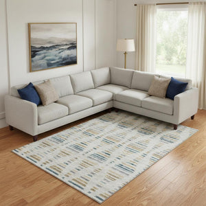 HomeRoots 10' X 14' Linen And Blue Striped Area Rug - UV Resistant, Machine Washable for Easy Care & Style! 715039
