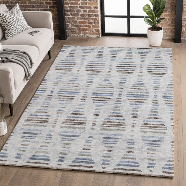 HomeRoots 5' X 8' Washable Area Rug - Light Taupe & Blue Stripes with UV Protection, Stain Resistant & Non-Slip 715041