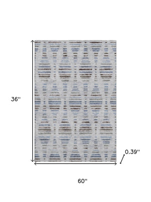 HomeRoots 5' X 8' Washable Area Rug - Light Taupe & Blue Stripes with UV Protection, Stain Resistant & Non-Slip 715041