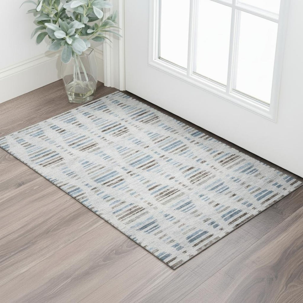 HomeRoots 5' X 8' Washable Area Rug - Light Taupe & Blue Stripes with UV Protection, Stain Resistant & Non-Slip 715041
