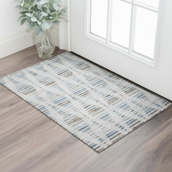 HomeRoots 5' X 8' Washable Area Rug - Light Taupe & Blue Stripes with UV Protection, Stain Resistant & Non-Slip 715041