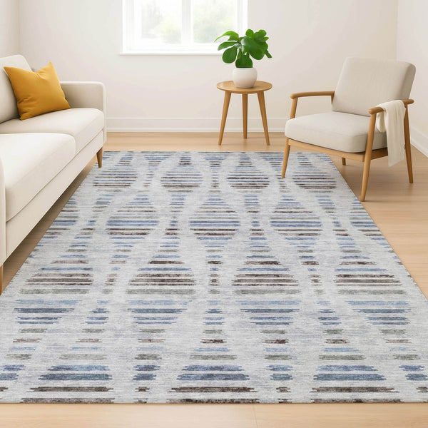 HomeRoots 5' X 8' Washable Area Rug - Light Taupe & Blue Stripes with UV Protection, Stain Resistant & Non-Slip 715041