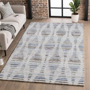 HomeRoots 8' Washable Round Rug in Light Taupe and Blue Stripes - Durable, UV-Protected, Easy Care Design! 715042