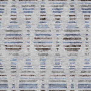 HomeRoots 8' Washable Round Rug in Light Taupe and Blue Stripes - Durable, UV-Protected, Easy Care Design! 715042