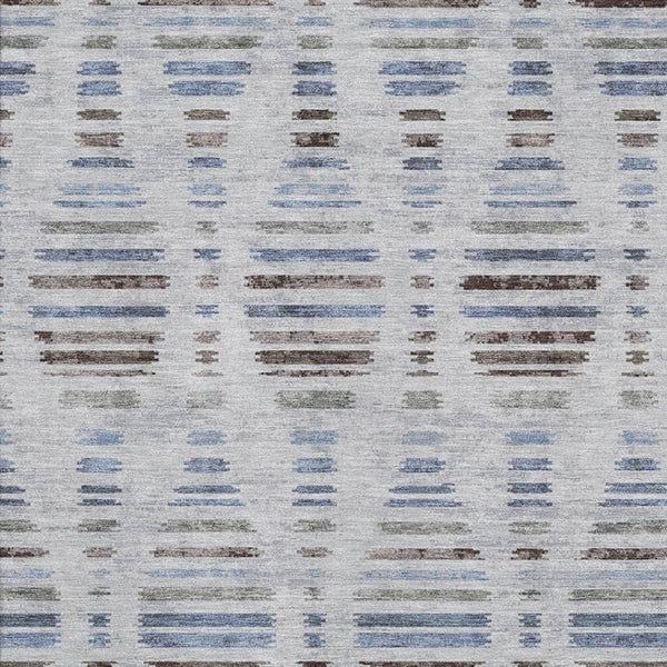 HomeRoots 8' Washable Round Rug in Light Taupe and Blue Stripes - Durable, UV-Protected, Easy Care Design! 715042